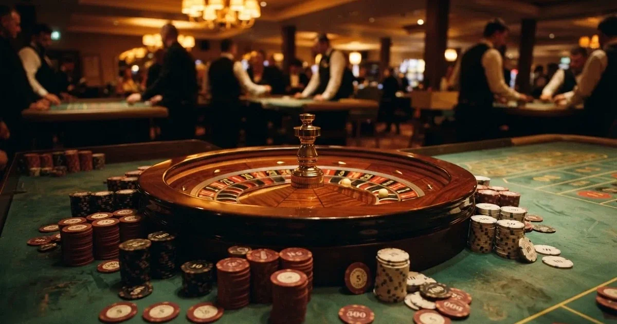 Roulettehjul og spillemærker på grønt filt i varmt aftenlys — 20 kroner casino i danmark
