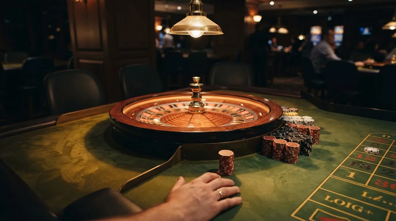 Roulettehjul og spillemærker på grønt filt i varmt aftenlys — anmeldelser af casinoer