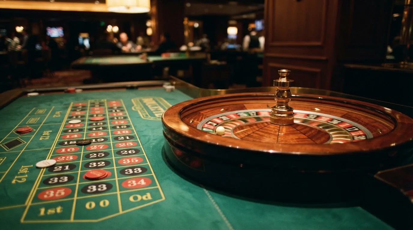 Roulettehjul og spillemærker på grønt filt i varmt aftenlys — bedste blackjack casinoer