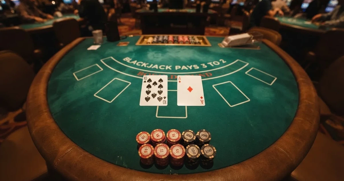 Oplyst spillebord med kort, set ovenfra — bedste blackjack i danmark
