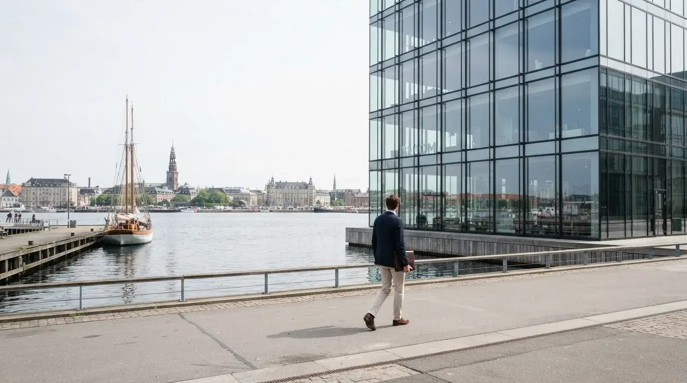 En moderne kontorbygning med glasfacade ved Københavns havn i klart dagslys, med en medarbejder i blazer, der går forbi.