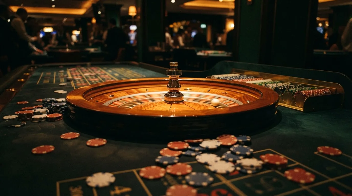 Roulettehjul og spillemærker på grønt filt i varmt aftenlys — bedste danske casino bonusser