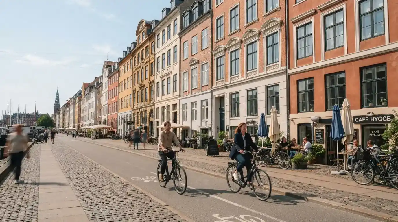 Københavnsk gade med klassiske bygninger og cyklister i klart vejr, set fra fortovet.