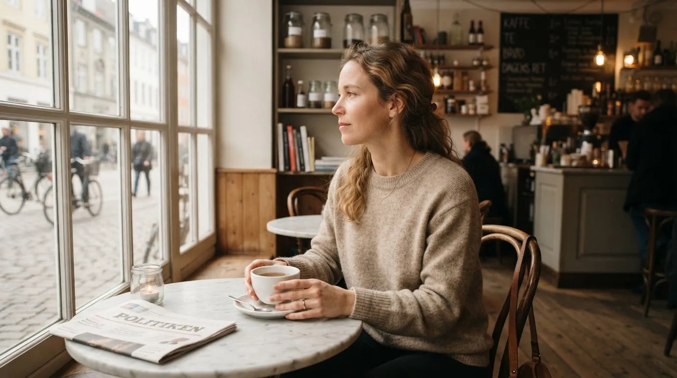 Kvinde sidder på en café med en kop te og kigger tænksomt ud ad vinduet i blødt dagslys.