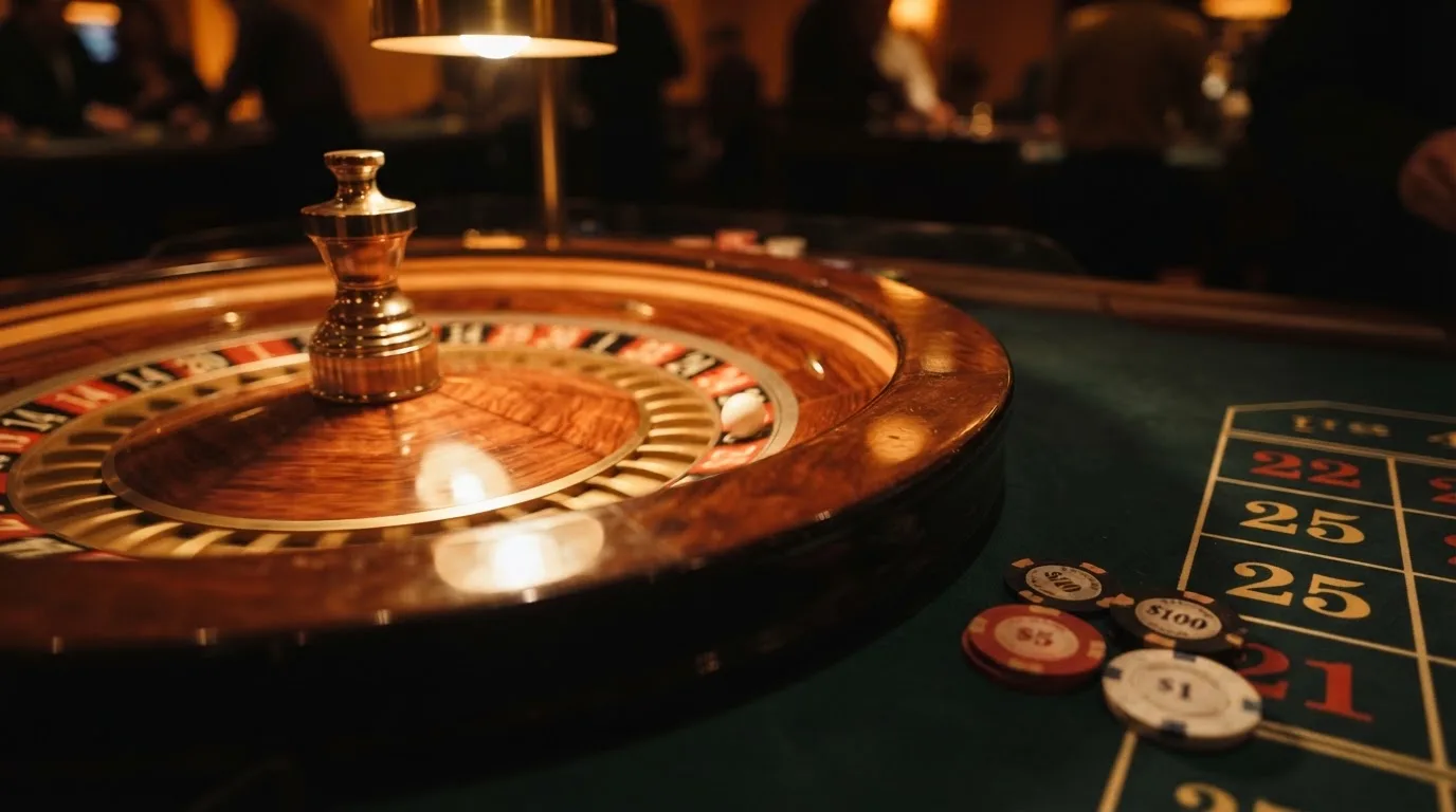 Roulettehjul og spillemærker på grønt filt i varmt aftenlys — bedste roulette casinoer