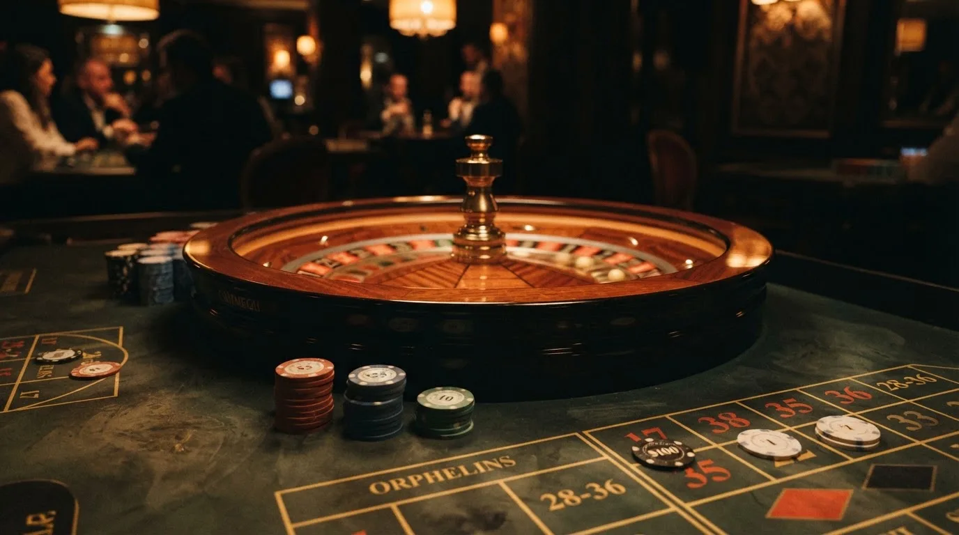 Roulettehjul og spillemærker på grønt filt i varmt aftenlys — bedste slots casinoer