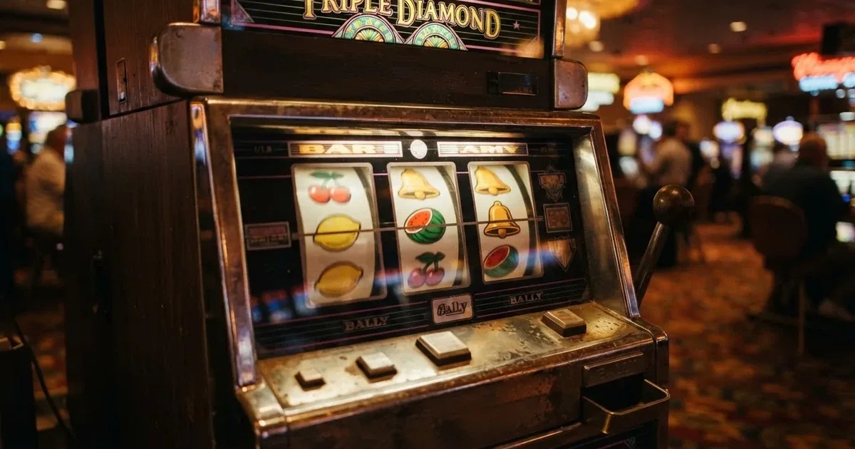 Nærbillede af tre roterende hjul med farverige frugtsymboler på en klassisk spilleautomat i et dæmpet, varmt oplyst spillelokale.
