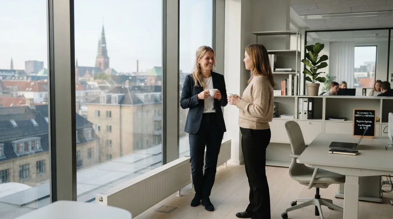 To medarbejdere står ved et stort vindue i et lyst kontor i København og taler sammen med kaffekopper i hænderne.