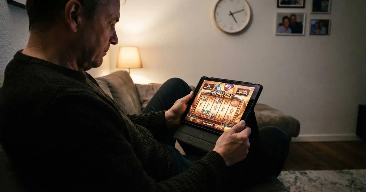 Person i en sofa ser eftertænksomt på en tablet, et ur på væggen bagved — casino bonus til eksisterende kunder
