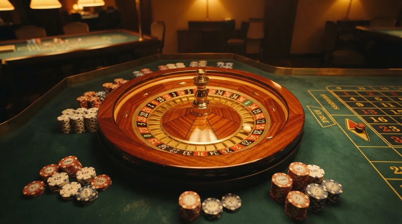 Roulettehjul og spillemærker på grønt filt i varmt aftenlys — casino bonus til eksisterende kunder