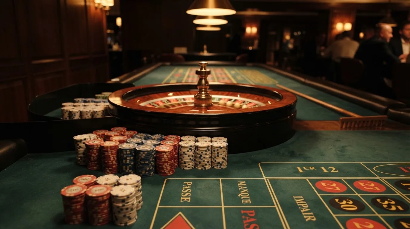 Roulettehjul og spillemærker på grønt filt i varmt aftenlys — casino bonus uden indskud dk