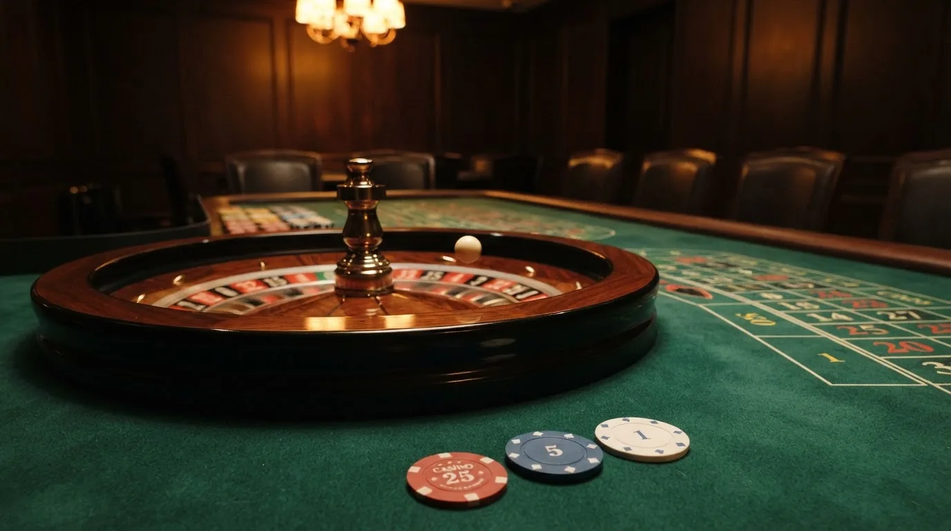 Roulettehjul og spillemærker på grønt filt i varmt aftenlys — casino med cardano i danmark