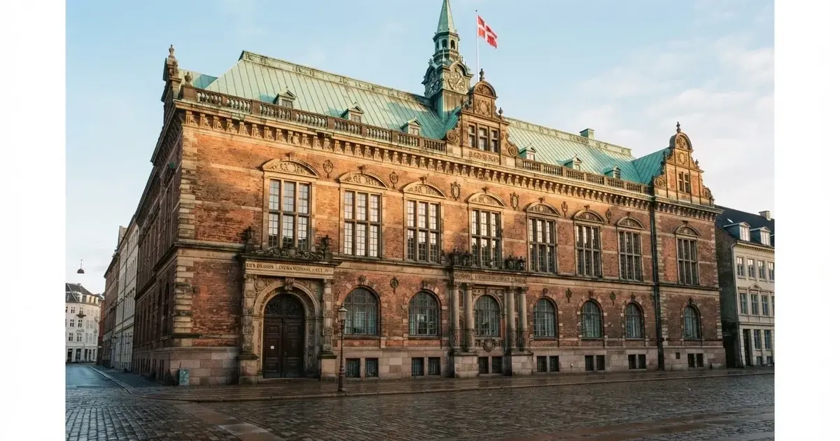 En historisk bygning i København med grønt kobbertag og høje vinduer i klart dagslys, set fra gaden uden mennesker.