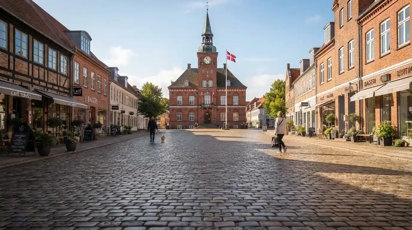 En rolig brolagt plads i en dansk købstad med et gammelt rådhus i baggrunden og få fodgængere en sommerdag.