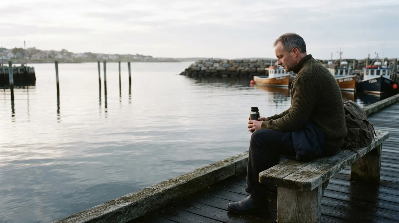En mand sidder på en bænk ved havnen en tidlig morgen og ser ud over vandet med en termokop i hånden.