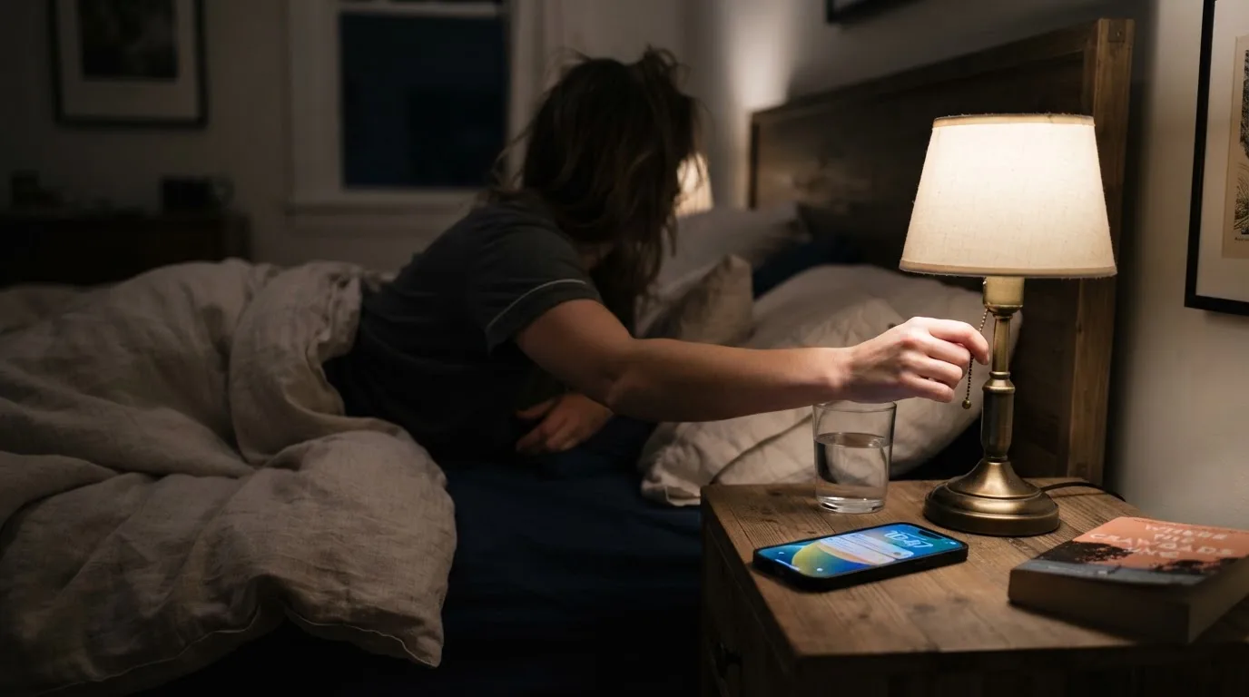 En kvinde slukker for en bordlampe i et soveværelse og lægger sin telefon på natbordet i aftenens svage lys.