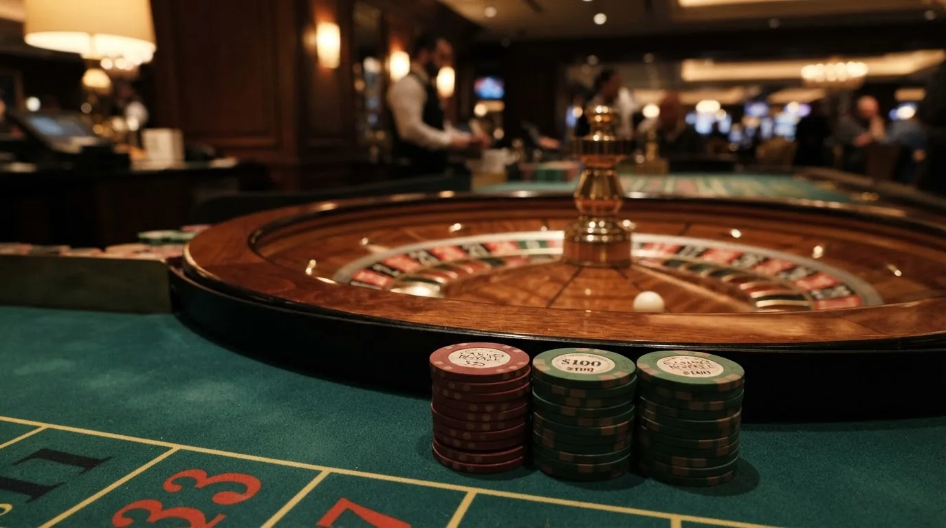 Roulettehjul og spillemærker på grønt filt i varmt aftenlys — casino med dogecoin i danmark