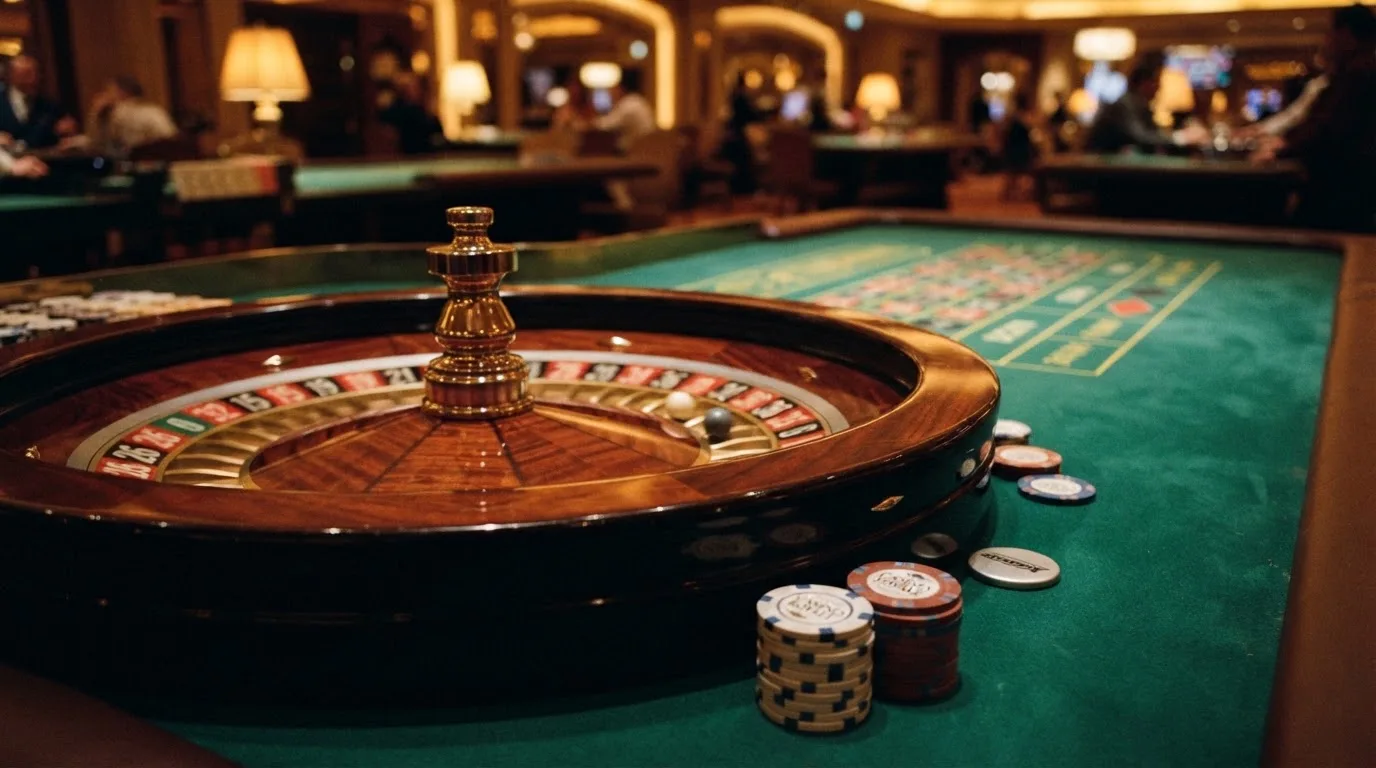 Roulettehjul og spillemærker på grønt filt i varmt aftenlys — casino med högst rtp