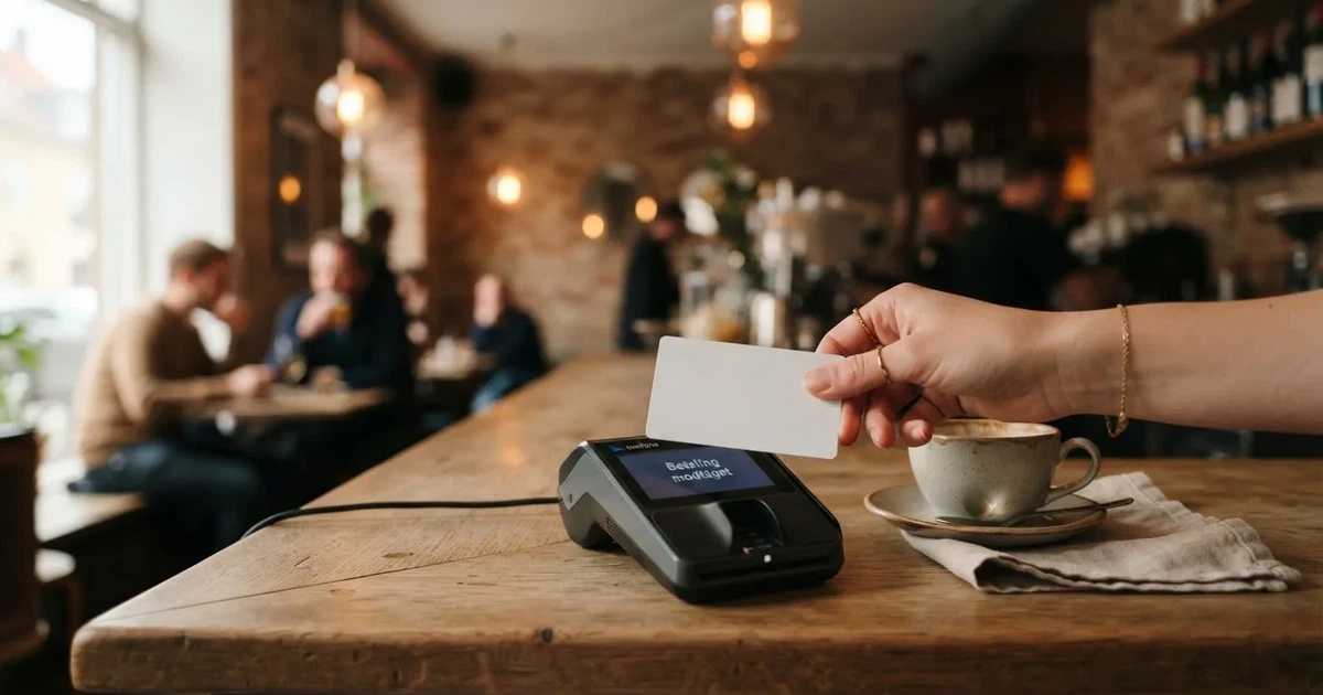 Kunde betaler med kontaktløst kort ved en kortterminal i en lille café, set fra siden, uden synlige tal.
