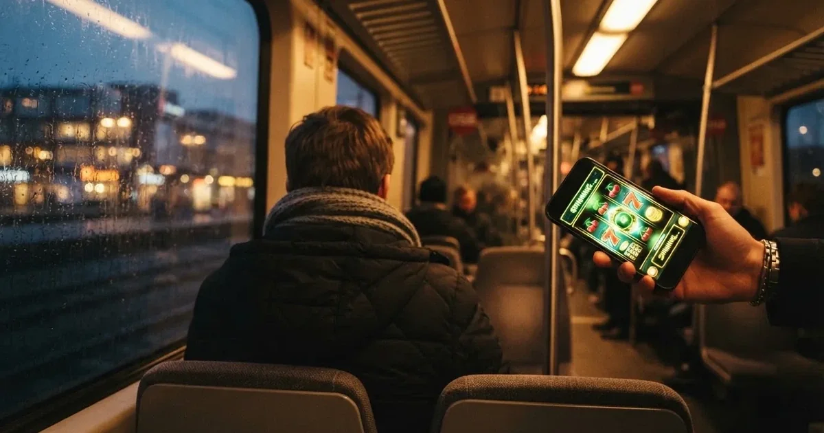 Mobiltelefon i hånden i et S-tog i København en vinteraften — casino på mobilen i danmark