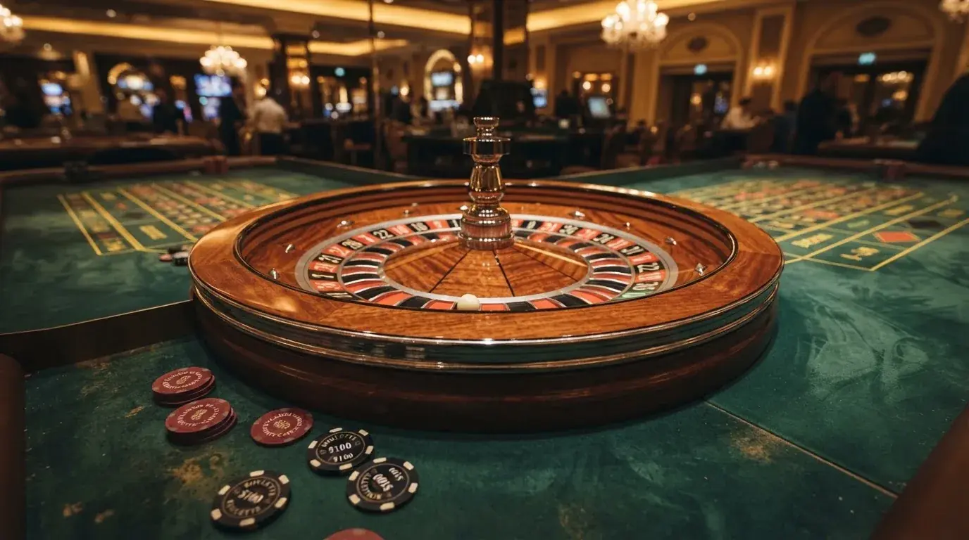 Roulettehjul og spillemærker på grønt filt i varmt aftenlys — casino på mobilen i danmark