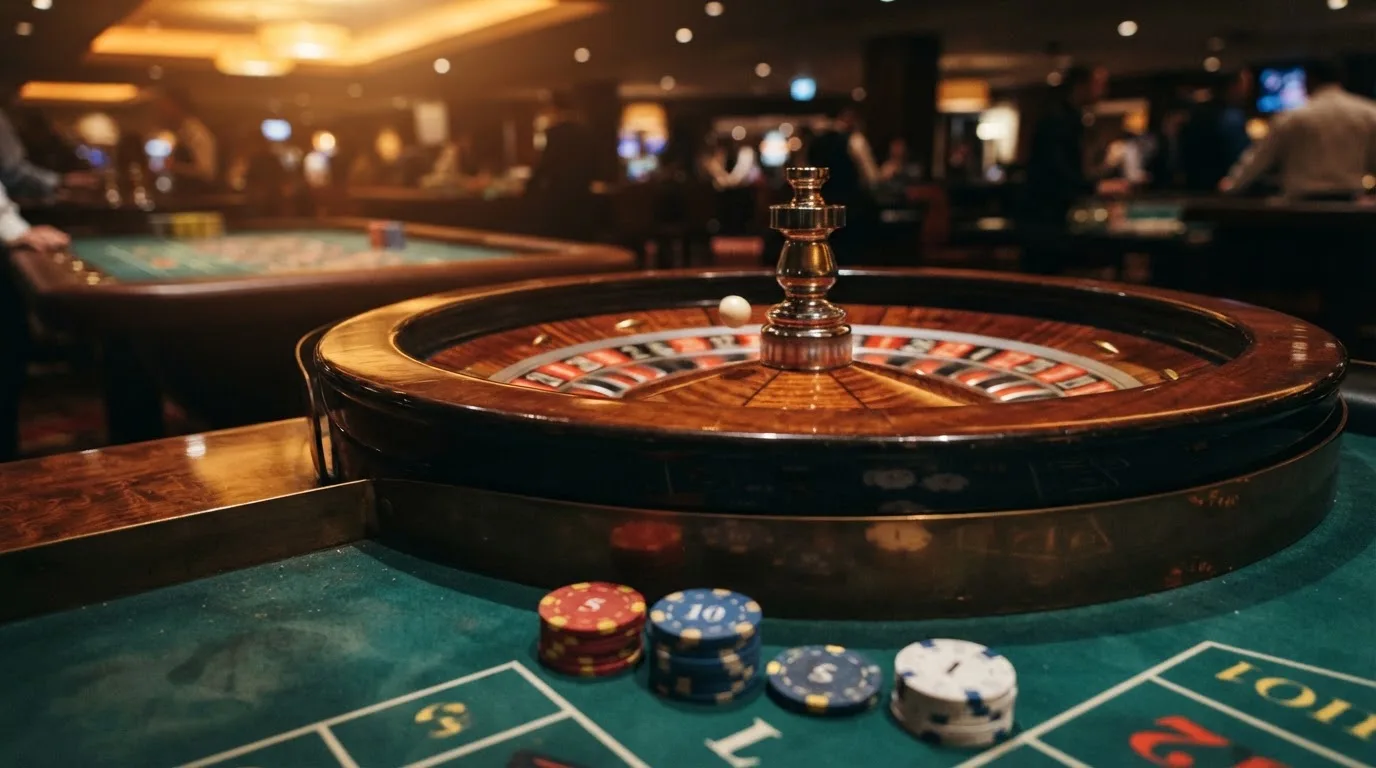 Roulettehjul og spillemærker på grønt filt i varmt aftenlys — casino uden dansk licens
