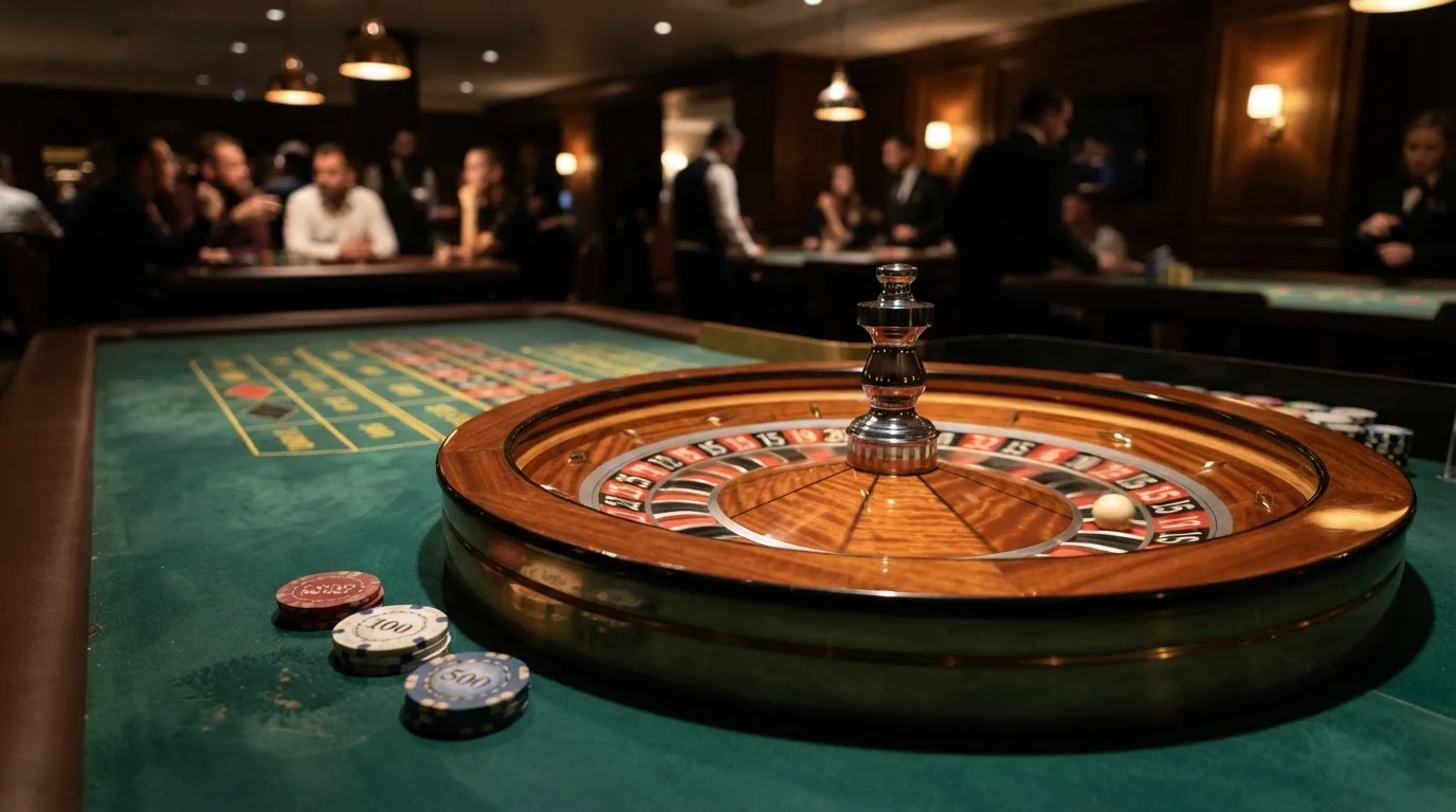 Roulettehjul og spillemærker på grønt filt i varmt aftenlys — casino uden mitid i danmark