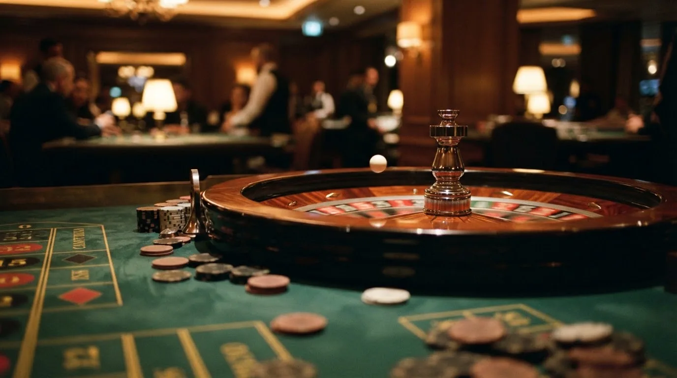 Roulettehjul og spillemærker på grønt filt i varmt aftenlys — dansk live roulette
