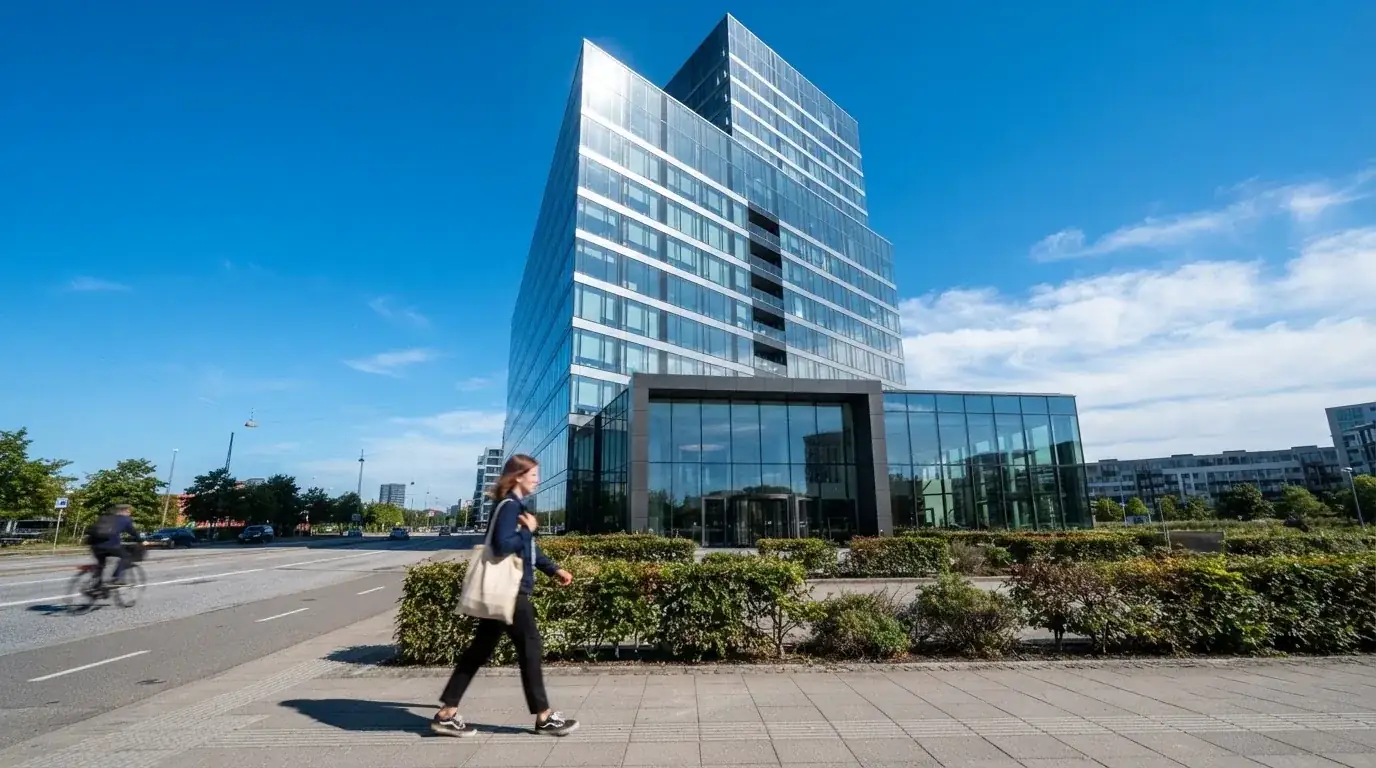 En moderne glasbygning i Ørestad en lys dag med en fodgænger i forgrunden og blå himmel bag facaden.