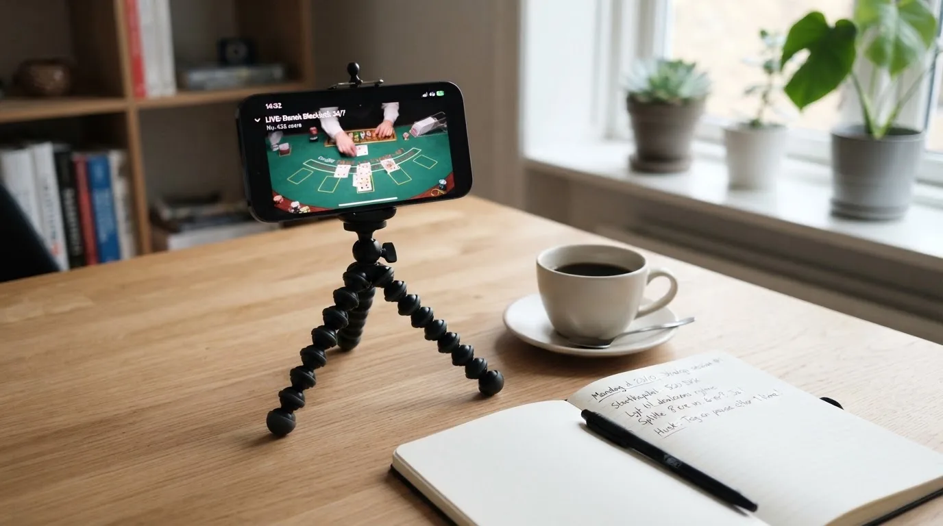 En smartphone på et stativ viser en uskarp videostream af et spillebord, mens en kaffekop står ved siden af på et skrivebord.