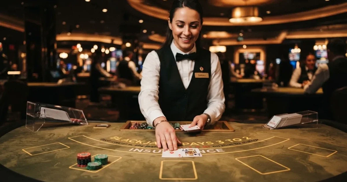 Dealer i vest og butterfly deler kort ud ved et blackjackbord i et livecasino-studie, set fra spillerens side i dæmpet varmt lys.