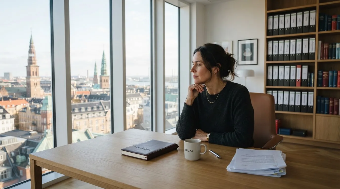 Jurist sidder ved et skrivebord i et lyst københavnsk kontor med reol, kaffekop og store vinduer og kigger eftertænksomt ud.