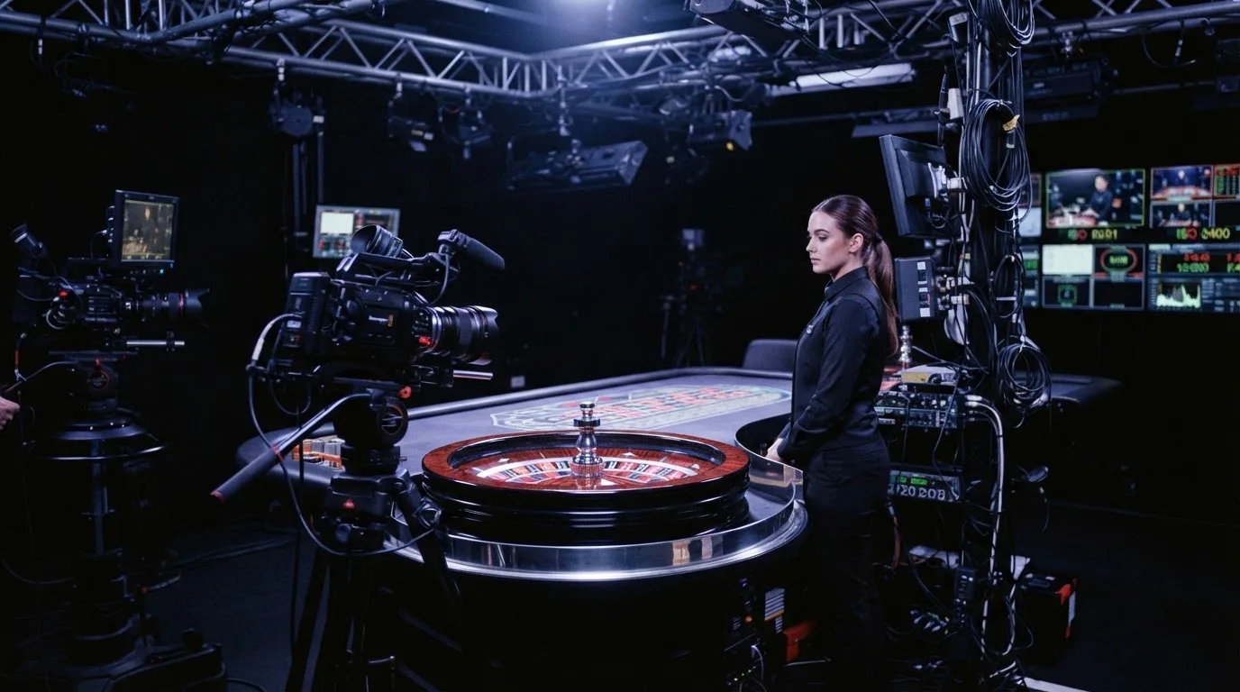 Kameraer på stativer og et roulettehjul midt i et mørkt livecasino-studie med en dealer i uniform, set fra siden i blåligt lys.