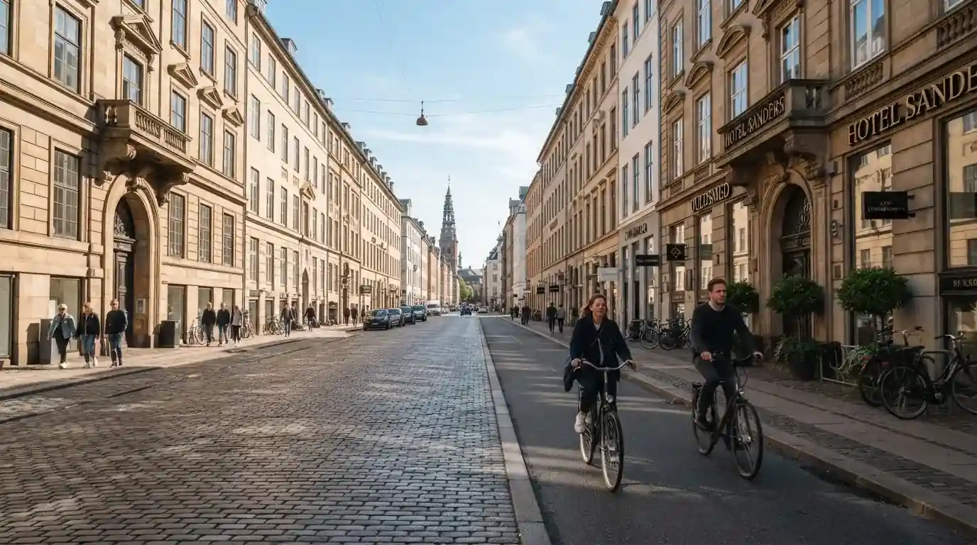 Københavnsk gade med klassiske sandstensbygninger og cyklister i klart vejr, set fra fortovet.