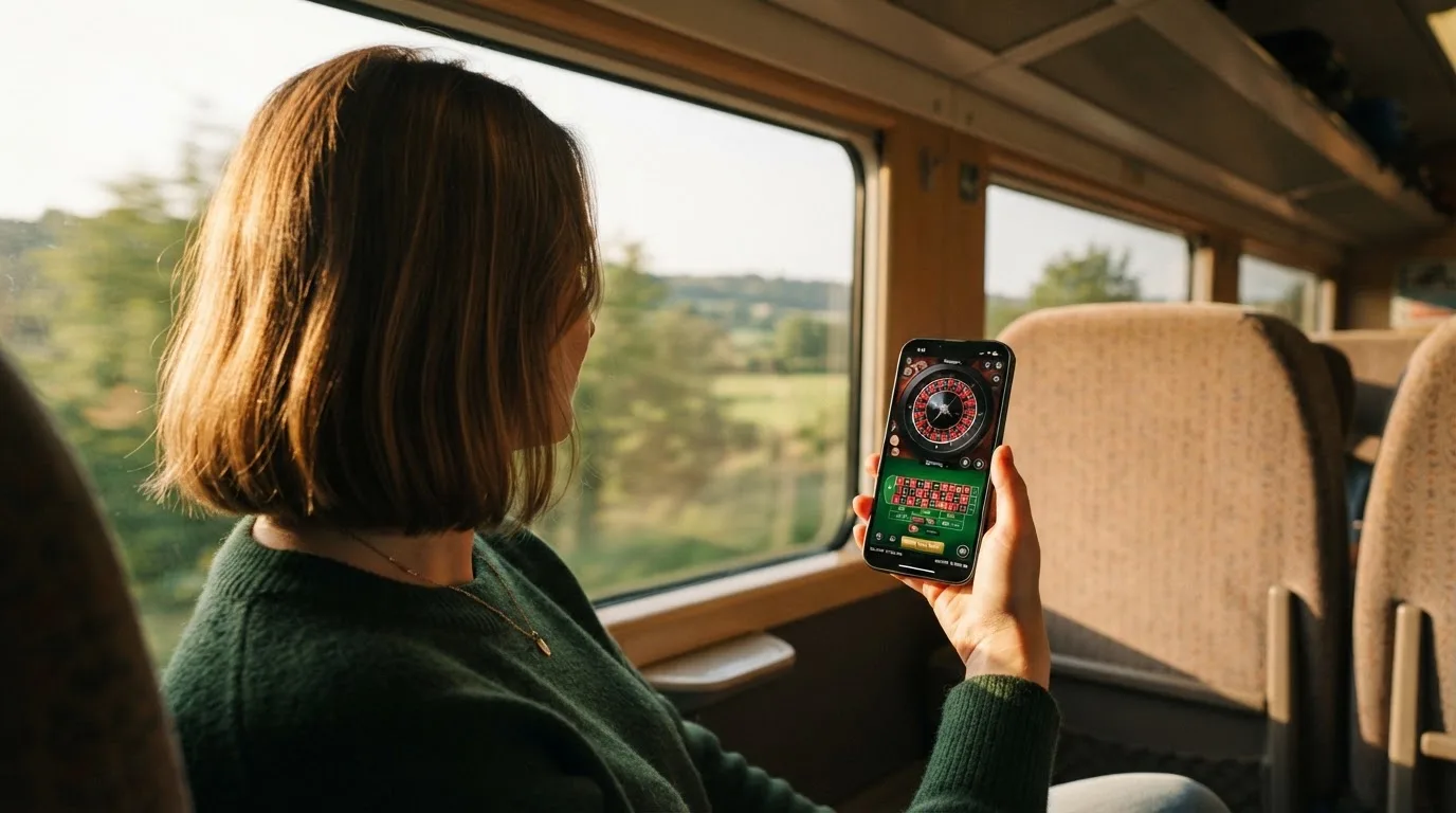 Kvinde på toget ser ud ad vinduet med mobilen i hånden, mens landskabet suser forbi i eftermiddagslys.